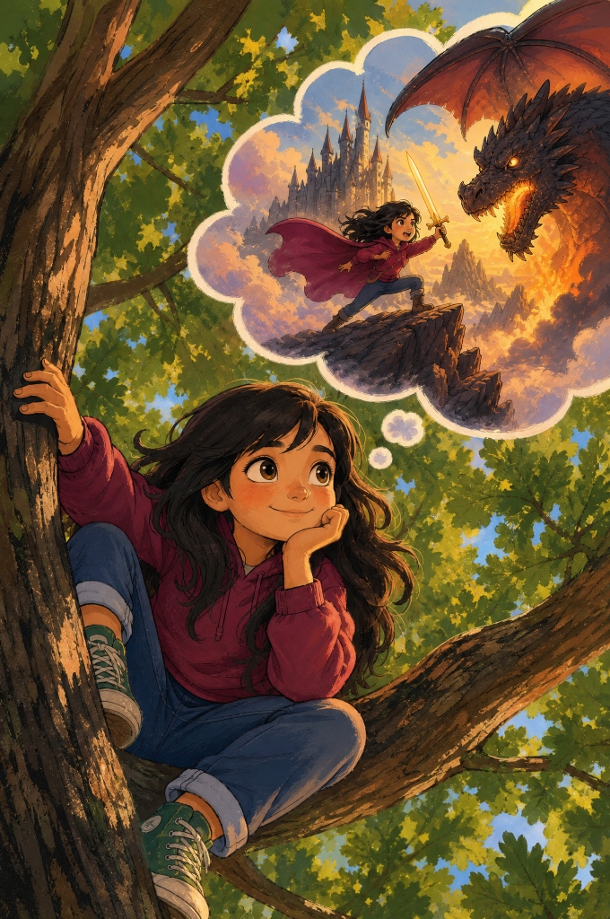 Ashleigh sitting in a grand oak tree dreaming of medieval quests and dragon adventures in The Night Riders: A Magical Rescue