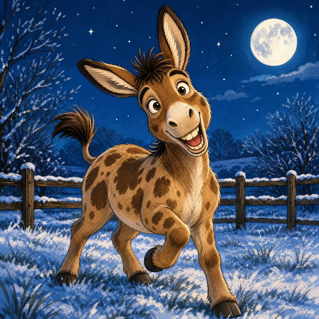 Doughnut the playful spotted donkey joyfully prancing through snow beneath a radiant full moon in The Night Riders