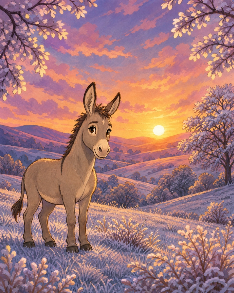 Misty the sweet, gentle flying donkey standing in a lavender meadow under a golden sunset in The Night Riders