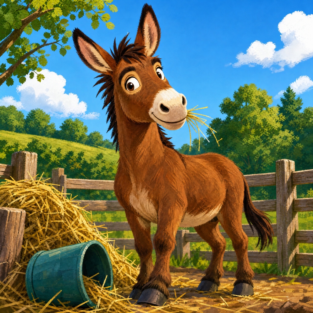 Myles the spirited and bold brown donkey chewing a piece of straw beside a wooden farm fence in The Night Riders