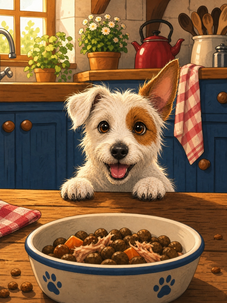 Nelson the loyal scruffy dog smiling eagerly at his dinner bowl in The Night Riders book series