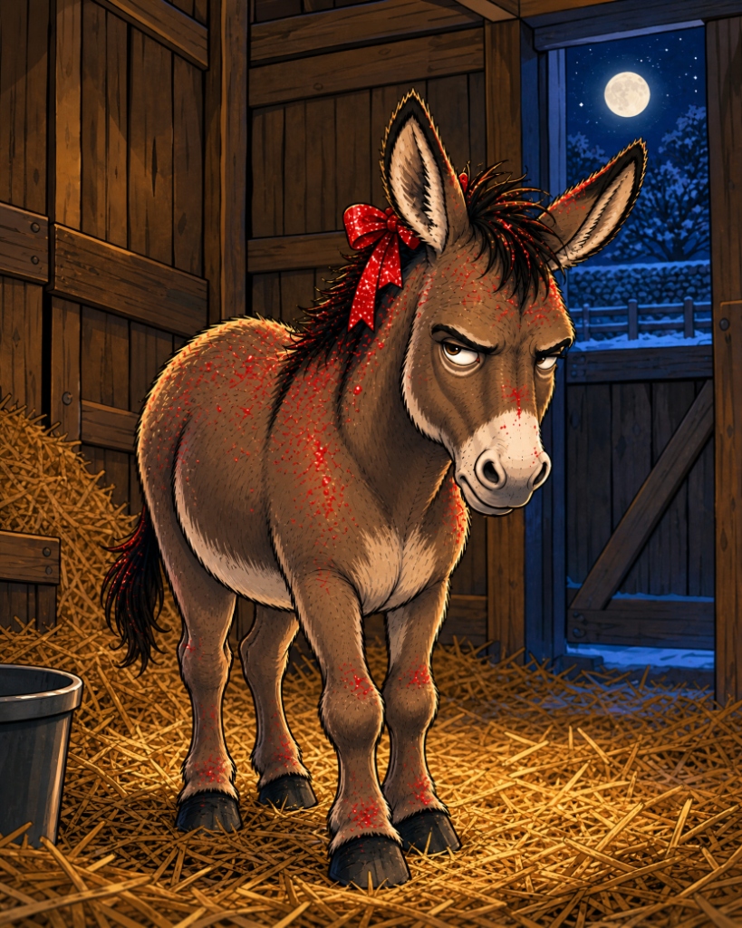 Noodles the grumpy but lovable senior donkey wearing a festive red ear bow in the wooden stable in The Night Riders